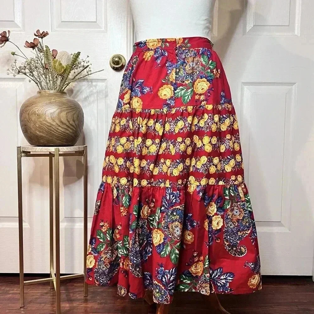 Vintage Womens Floral Handmade Tiered Skirt Waist 26 Cottagecore Prairie Country